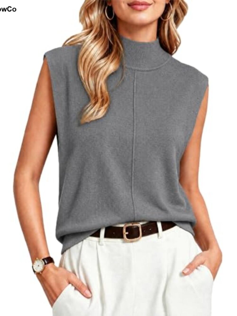 Merino Wool Blend Mock Turtleneck Sleeveless Sweater Vest Knit Top